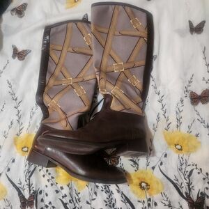 Tory Burch FELIX Riding Boots Brown Leather Equestrian Print Fabric Zip Size 6